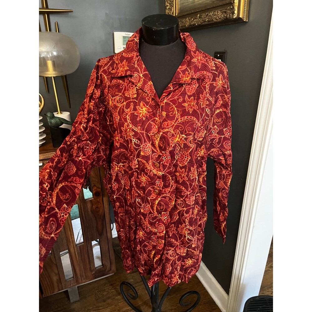 Peruvian Connection Women's Red Rust Fall Floral Button Down Shirt sz M